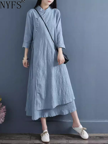NYFS 2025 Spring Autumn New Womens Dresses Vestidos Robe Elbise Loose Plus Size Cotton Linen Double Layer Long Dress
