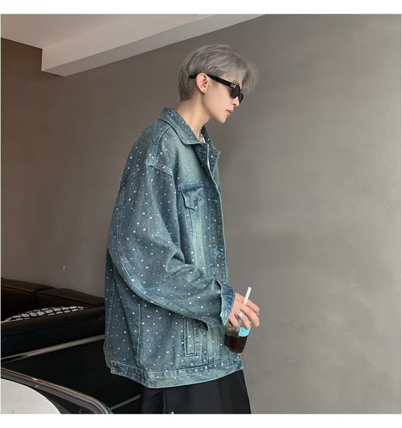 American Trendy Denim Jacket Mens Make Old Flash Diamond Fashion Outwear Spring Single-breasted Street Couple Cowboy Coats