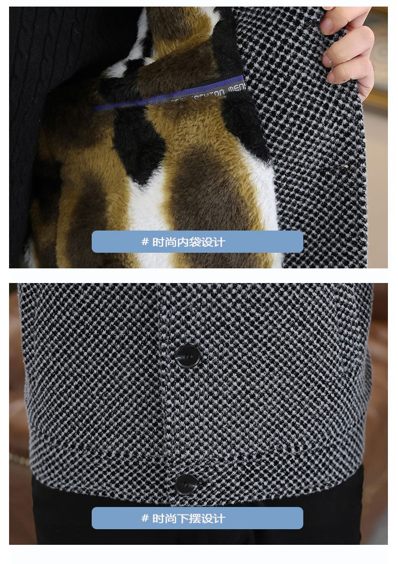 Korean Winter Woolen Jacket Men Plush and Warm Short Trench Coat Plaid Casual Business Streetwear Overcoat Social Men Clothing