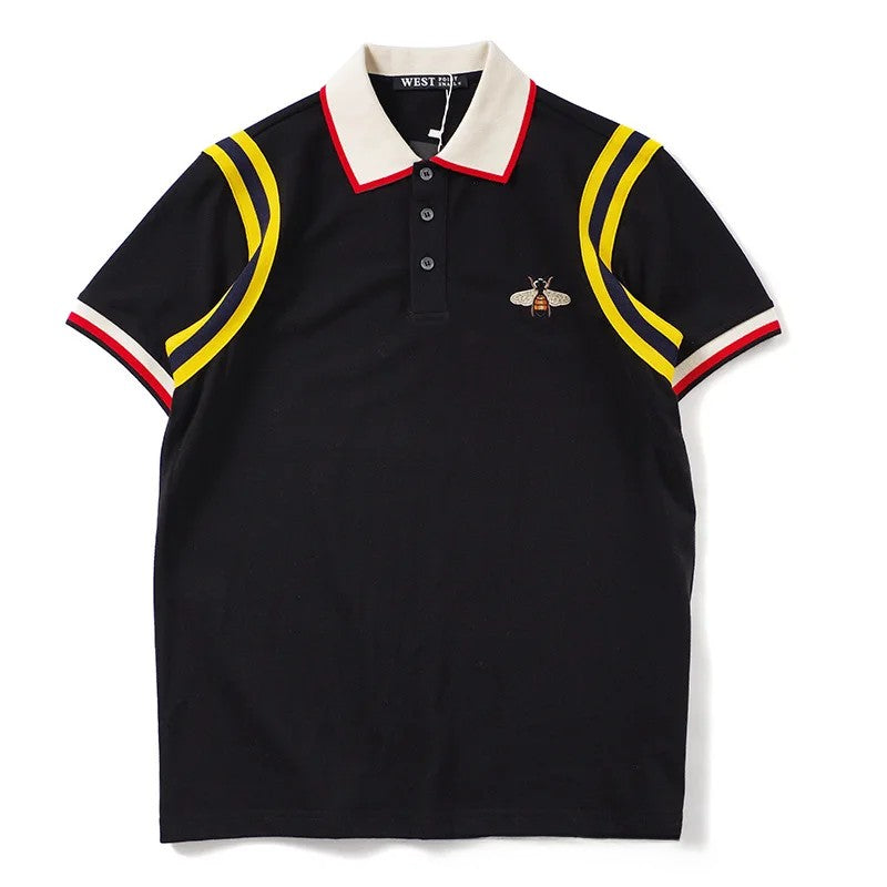 Trendy Gg European American Style Embroidered Small Bee Black Short Sleeve Stand Collar T-shirt Loose Fit Polo Shirt