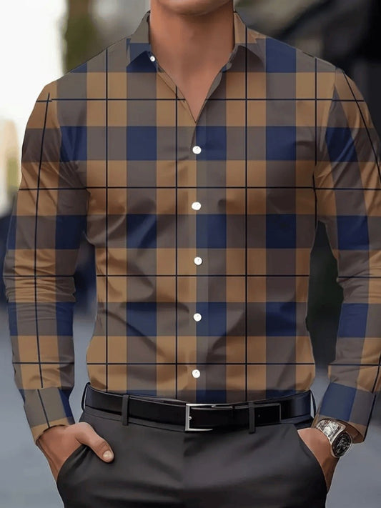 New men's spring-autumn check buttoned shirt - luxurious long-sleeved check shirt, large-sized lapel casual business blouse