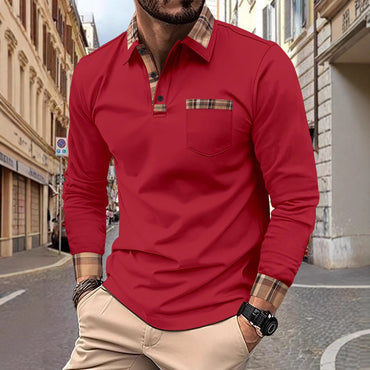 New men's casual spring and fall fashion plaid lapel long sleeve pocket comfortable party outdoor top polo shirt