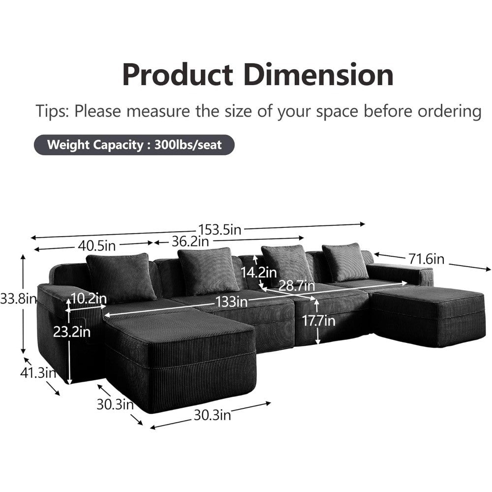 153.5" Luxury Modular Sectional Cloud Couch – Boneless Deep-Seat Corduroy Sofa for Living Room, Modern & No Assembly