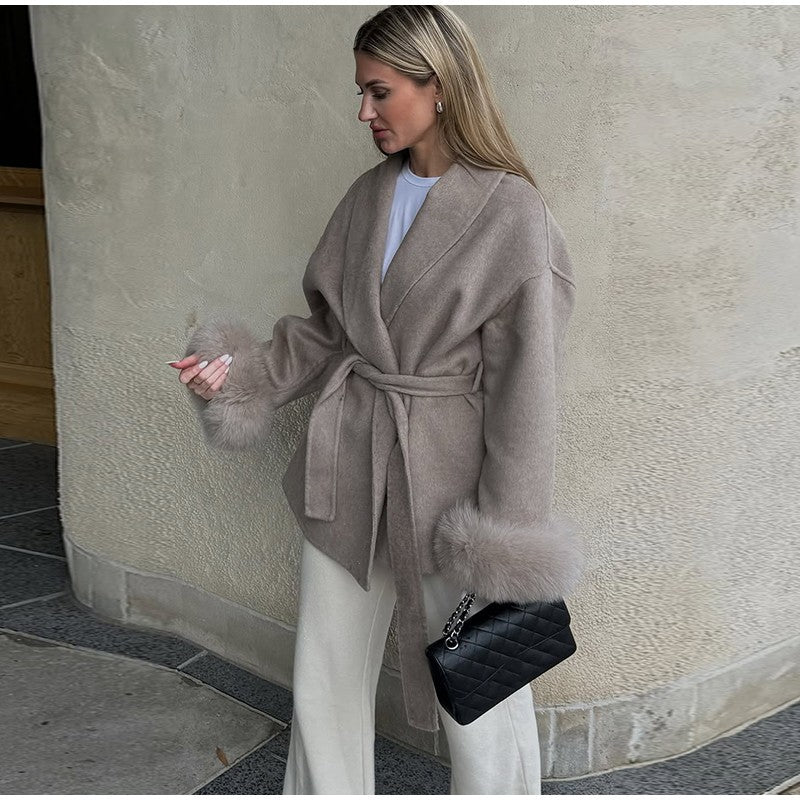 2025 Chic Lapel Plush Coat With Belt Women Vintage Solid Faux Fur Sleeve Tweed Open Coats Female Autumn Casual Street Outwear