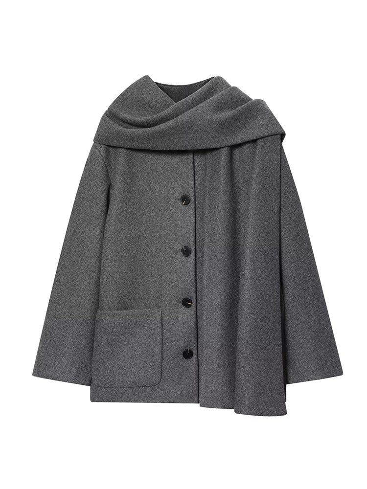 TFMLN Winter New Ladies Solid Jackets Elegant Long Sleeve Pockets Coat Fashion Scarf Collar Warm Short Jacket Streetwear