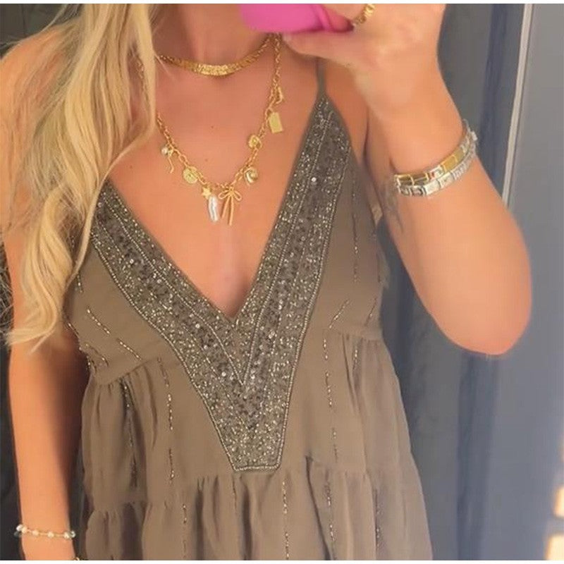 Sequins Bead Snowflake Midi Dress Women Fashion Sleeveless Backless Ruffle Pleat