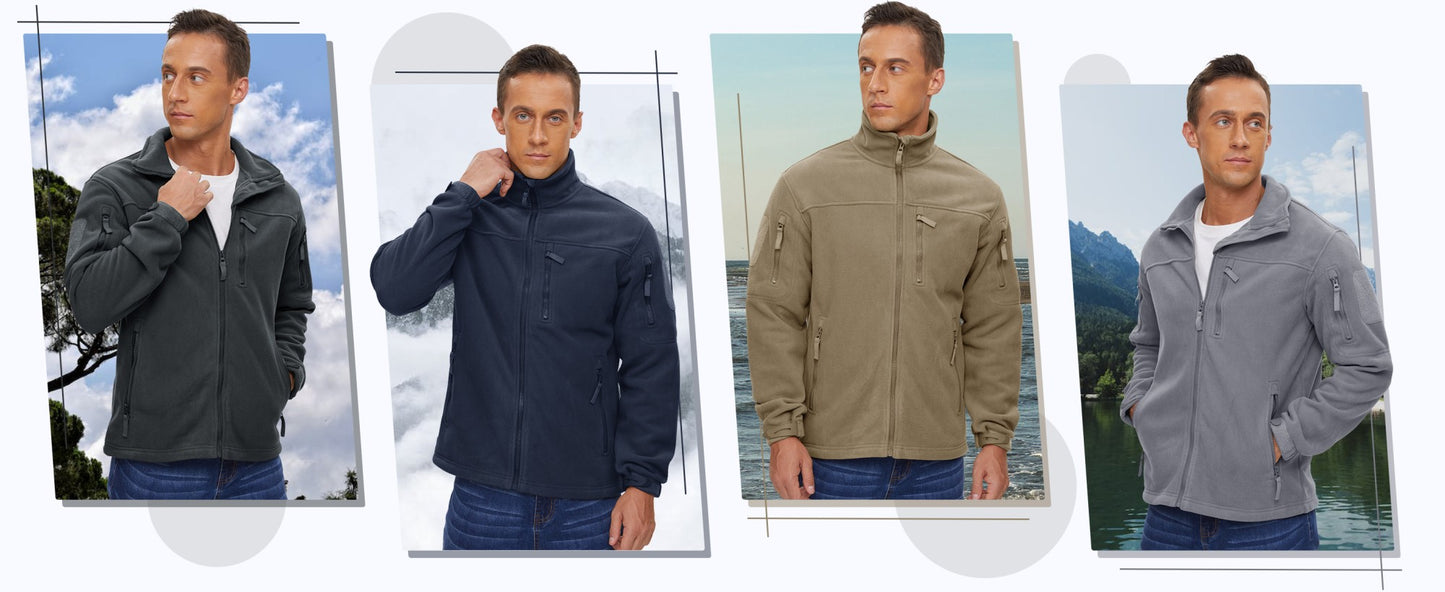 TACVASEN Full Zip Up Green Fleece Jacket Thermal Warm Work Coats Mens Zipper Pockets Jacket Hiking Training Outwear Windbreaker
