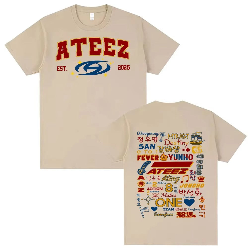Kpop Ateez 2025 World Tour in Your Fantasy Merch T Shirts Men Women Korean Fashion Retro High Street T-shirt 100% Cotton T Shirt