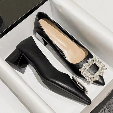 Women's Elegant Black Mid Block Heels Pumps with Crystal Rhinestone Pointed Toe Dress Shoes