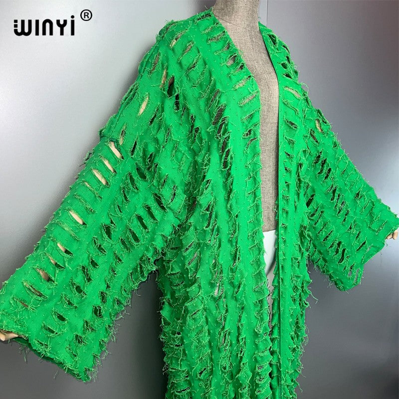 WINYI new maxi kimono coat for women OverCoat hole denim cardigan long down coat cover up beach outfits woman abaya dubai luxury