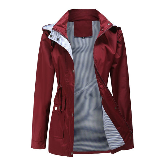 Purple Hooded Jacket for Spring 2025 Women's Office Fashion Women Outerwear Hat with Removable Waist Drawstring Water Proof