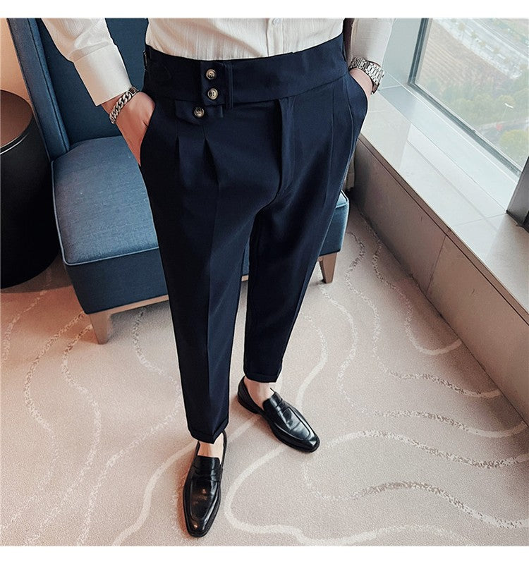 British Style Spring New Solid Business Casual Suit Pants High Waist Button Men Formal Pants High Quality Slim Office Trousers