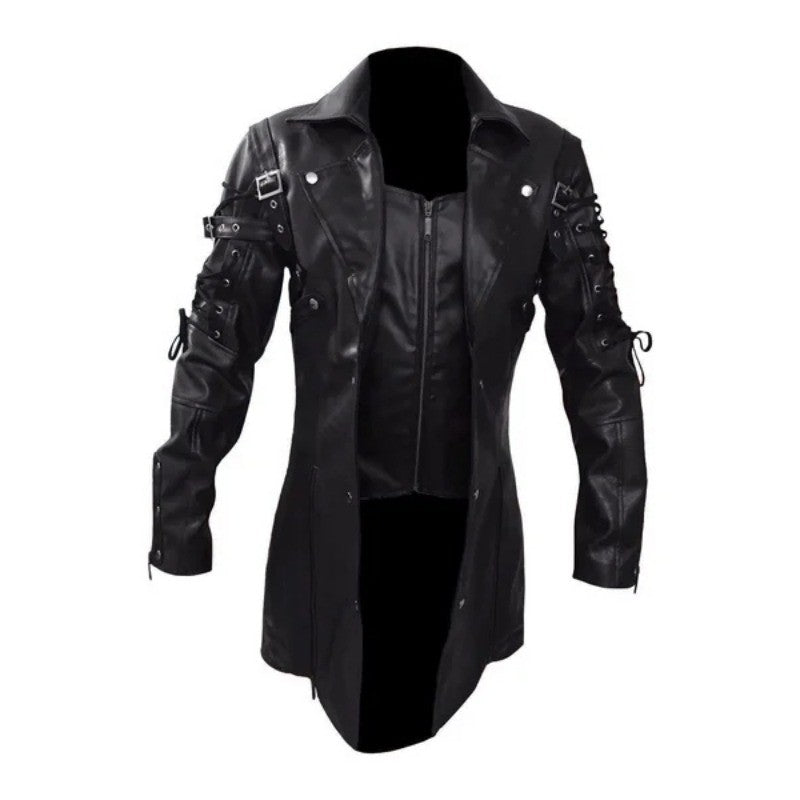 New Steampunk Men's Gothic Trench Coat Leather Jacket Punk Style Biker Jacke Autumn Winter Motocycle Jacket