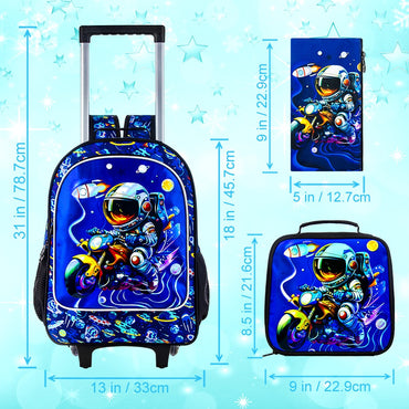 3PCS Astronaut Rolling Backpack for Boys, Kids School Backpacks with Wheels, UV Printed Roller Wheeled Bookbag