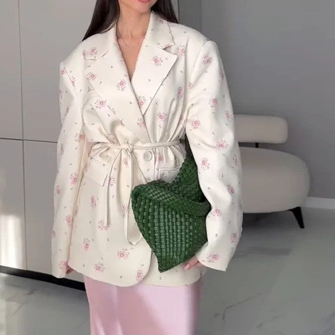Women's 2025 Spring/Summer New Fashion Printed Loose Suit Collar Belted Waist - cinching Suit Jacket
