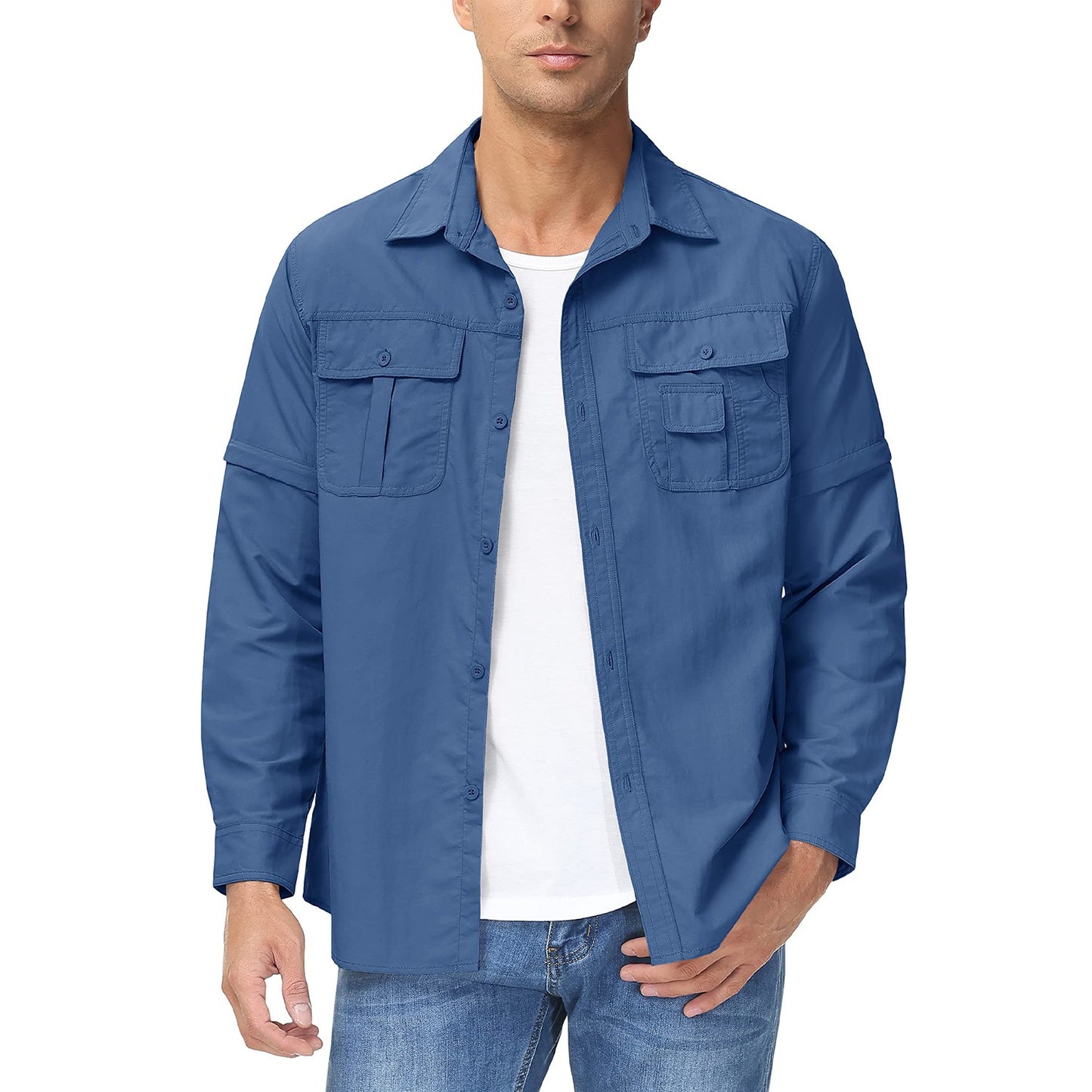 TACVASEN Summer Quick Dry Long Sleeve Cargo Work Shirts with Pockets Mens Safari Hiking Shirts Button Down Shirts Clothes Males