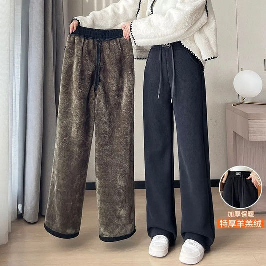 Warm Lambswool Straight Pants Women Corduroy Thickened Loose Wide Leg Pants Fashion Casual Elastic High Waist Fleece Trousers