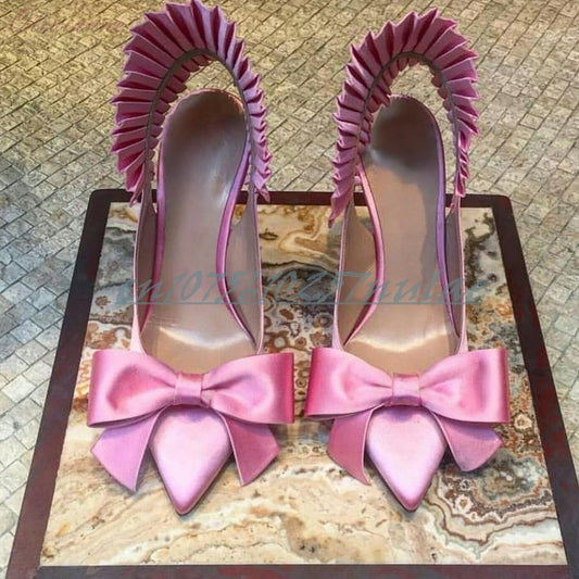 Sweet Pink Silk Butterfly Knot Decor Pumps Singback Stiletto High Heel Fashion Sexy Party Women Shoes 2025 Zapatos Para Mujere