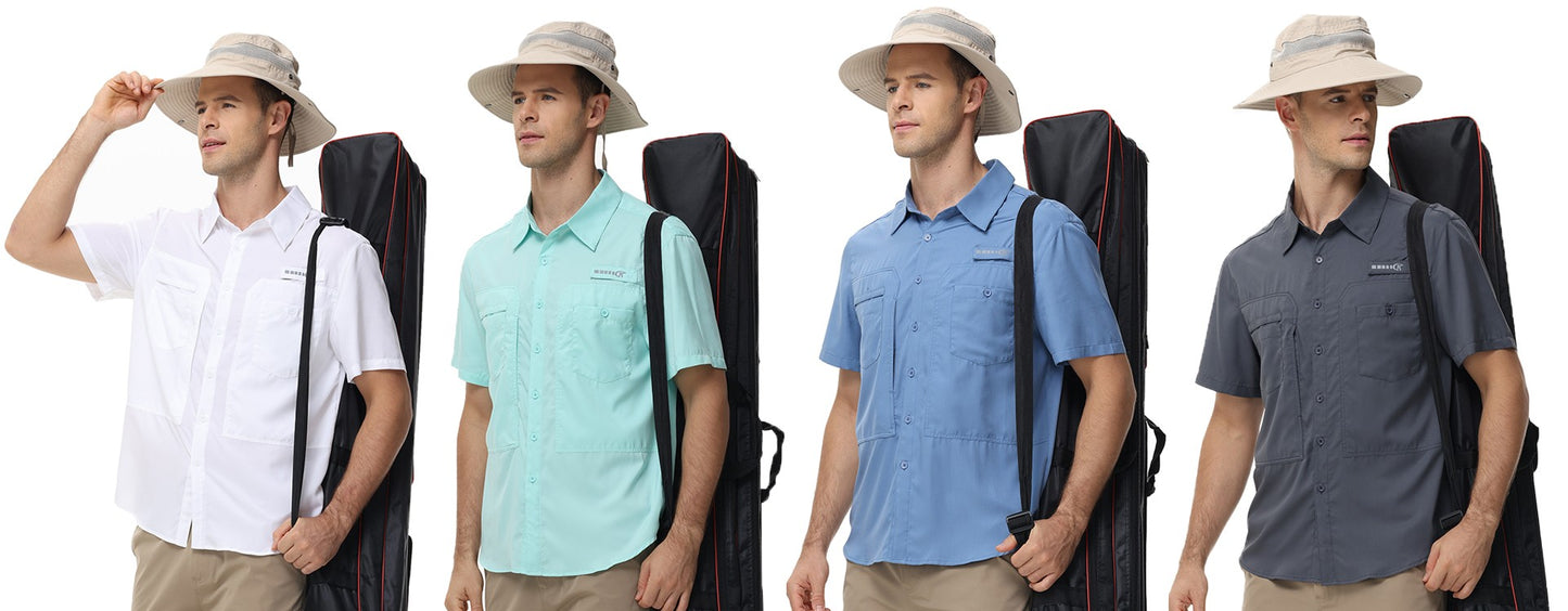 Summer Men's UPF 50+ Fishing Shirts, Casual Breathable Short Sleeve Cargo Fishing Shirt, Button Down Tactical Shirts Blouse