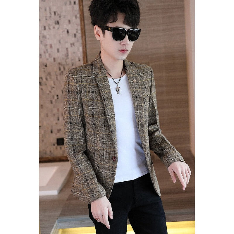 Men's casual plaid suit jacket, fashionable and versatile slim-fitting top, stylish plaid suit