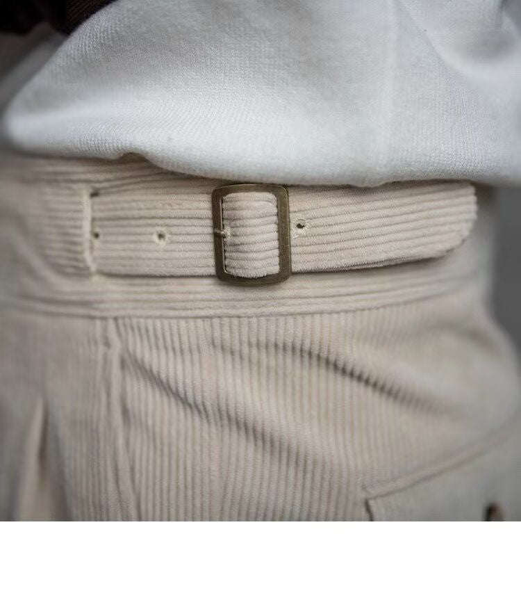 Italian Style Corduroy Naples Suit Pants Men High-waisted Adjustable Belt Straight Trousers Autumn England Business Casual Pant