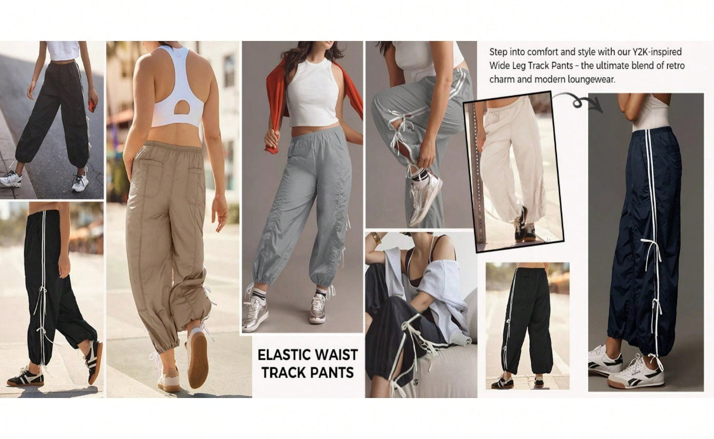Fisoew Womens Wide Leg Track Pants Casual Elastic Waist Bow Tie Y2K Baggy Sweatpants with Pockets