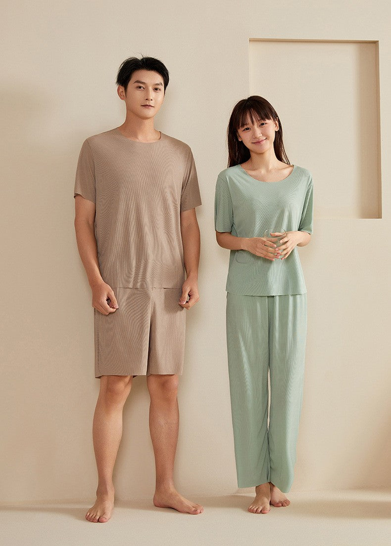 Super Thin Pajamas Suit Women Men Summer Ice Silk Cool Short-sleeved O-Neck Sleepwear Male Female Classic Simple Loungewear Suit