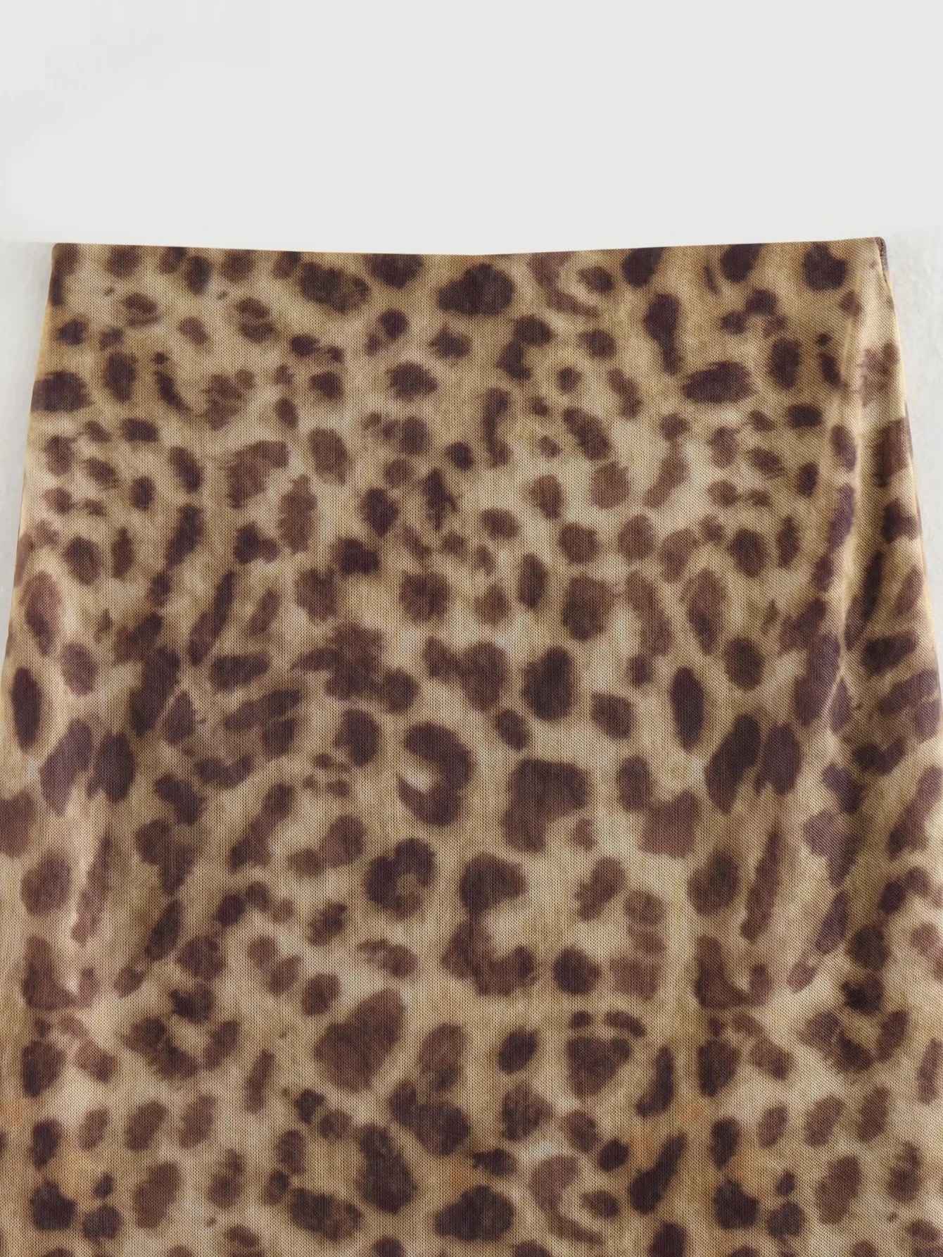 Women Leopard Tulle Midi Skirt 2024 Summer Fashion High Waist Elasticated Waistb