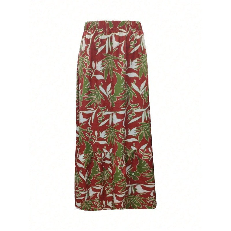 Plus Size Elegant Women Print Elastic Waist Skirt Femme Patchwork Slim SkirtStreetwear Casual Ankle-Length Long Skirt