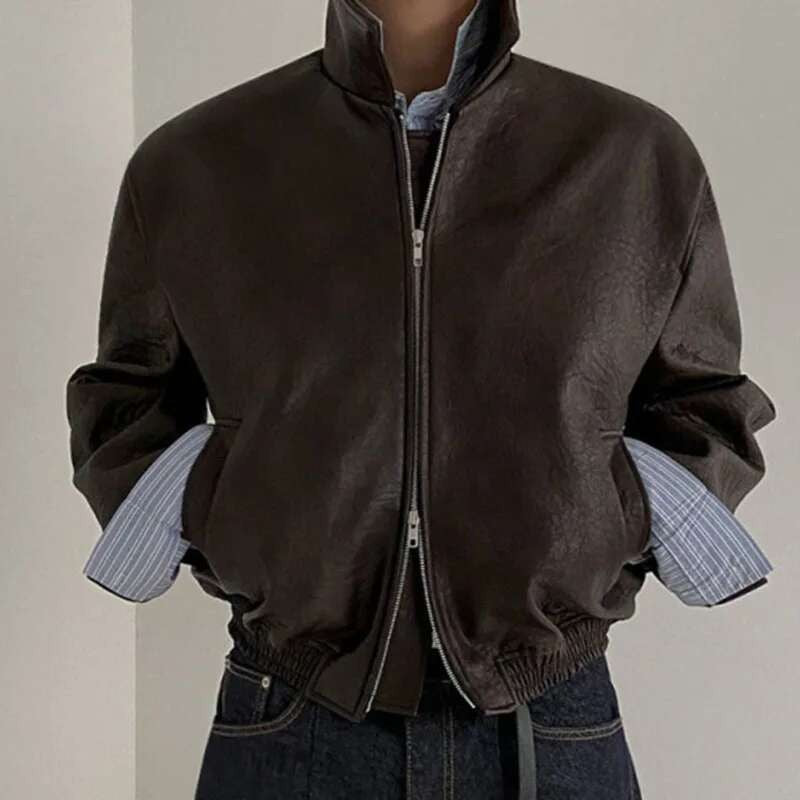 IEFB Short PU Leather Coat Men's Spring Summer Loose Turn-down Collar Coat Korean Style Trend Male Jacket Casual Top 9C5013