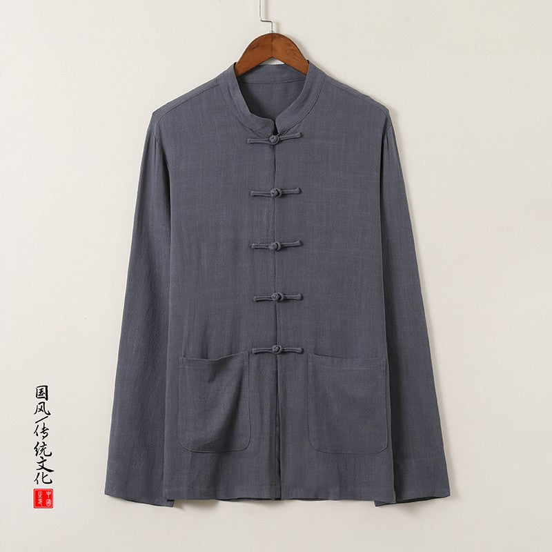 Chinese-style Men's Black Long-sleeve Shirt, Cotton-linen Blend Stand-up Collar Shirts, Available in Burgundy, Beige, and Gray.