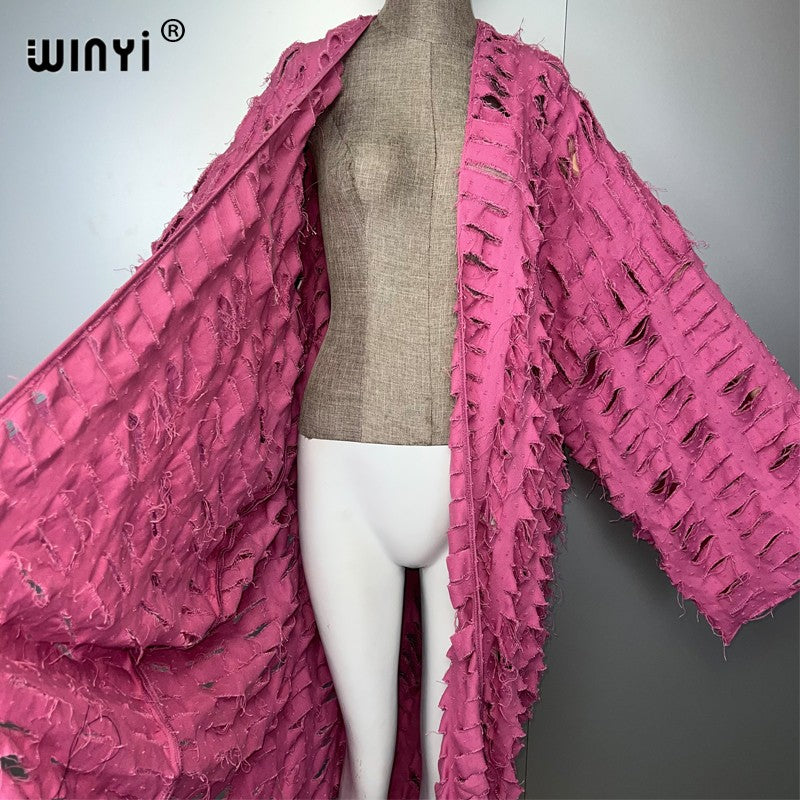 WINYI new maxi kimono coat for women OverCoat hole denim cardigan long down coat cover up beach outfits woman abaya dubai luxury