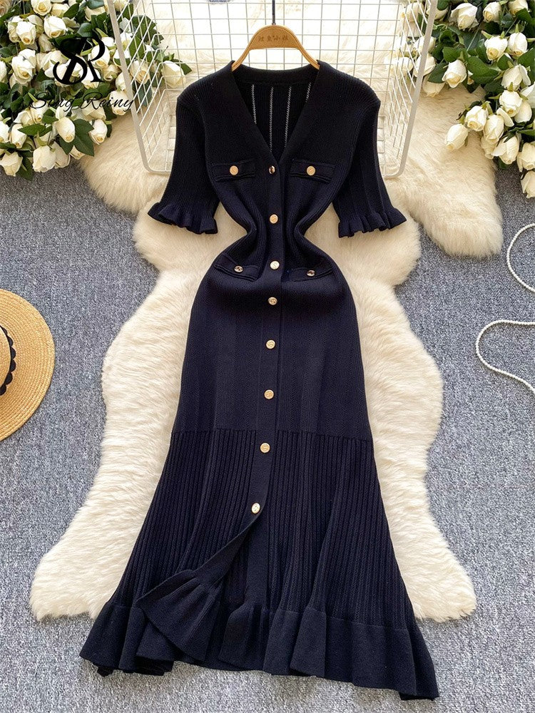 SINGREINY Summer OL Knit Dress 2025 Women V Neck Button Design Slim Mermaid Sund