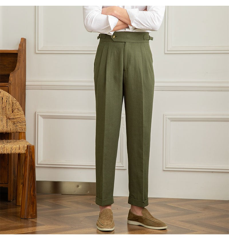 Three Gentleman Summer Naples Casual Straight Pants Men's Commuting Cotton and Linen Comfortable Breathable High Waist Pants