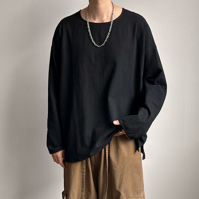 Spring Autumn Round Neck Loose T-Shirt Men Cotton Linen Long Sleeve Casual Male Tshirt Comfortable Breathable Hip Hop Tees Tops