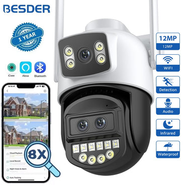 BESDER 12MP 6K PTZ Wifi Camera Dual Lens 8X Digital Zoom AI Human Detection Outdoor 8MP CCTV IP Camera Security Protection iCSee