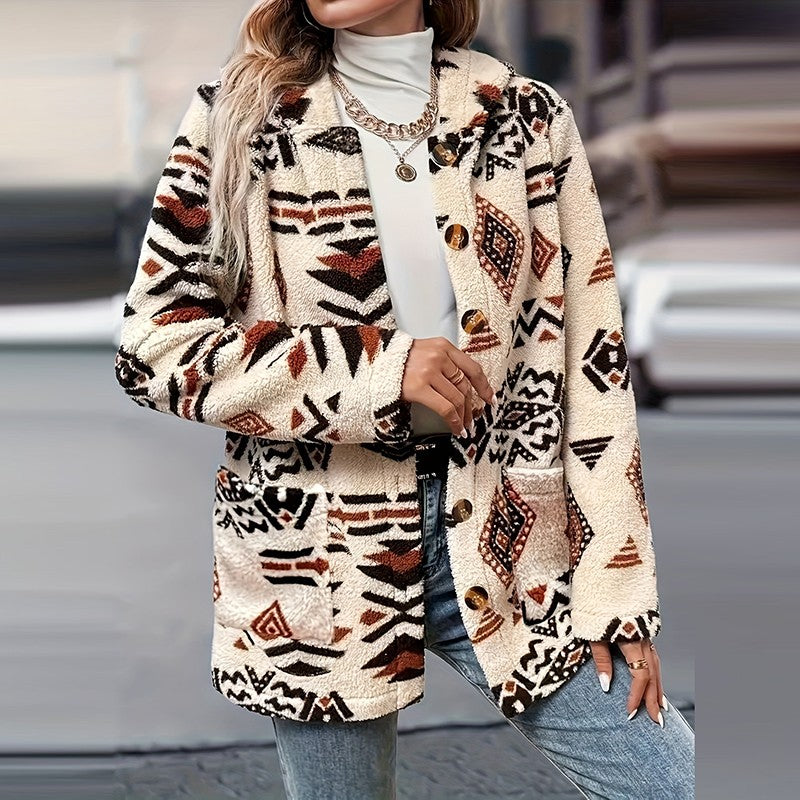 Autumn Winter Women Puff Breasted Warm Hoodies Jacket Women Casual Thick Plush Long Sleeve Coat Women Print Pocket Outerwear