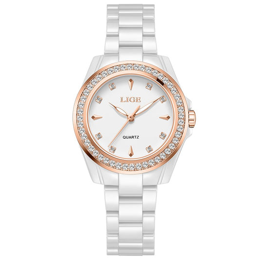 LIGE Fashion Elegant Watch for Women Ceramics Strap Diamond wristwatch Luxury Ladies Bracelet Quartz Watches Gifts Reloj Mujer