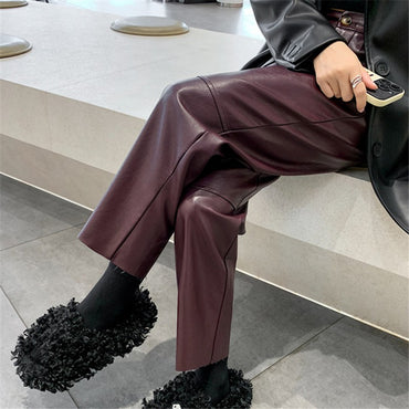 Autumn Winter PU Leather Vintage Women's Ankle Length Pants 2024 New High Waist Zipper Black Straight Pants Female Pockets