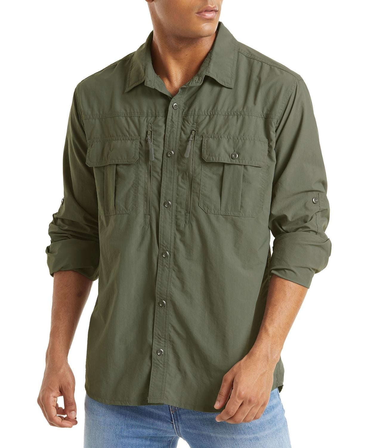 TACVASEN With 2 Chest Zipper Pockets Cargo Shirt Men's Quick Drying Skin Protective Long Sleeve Work Shirt Male Tops Outdoor