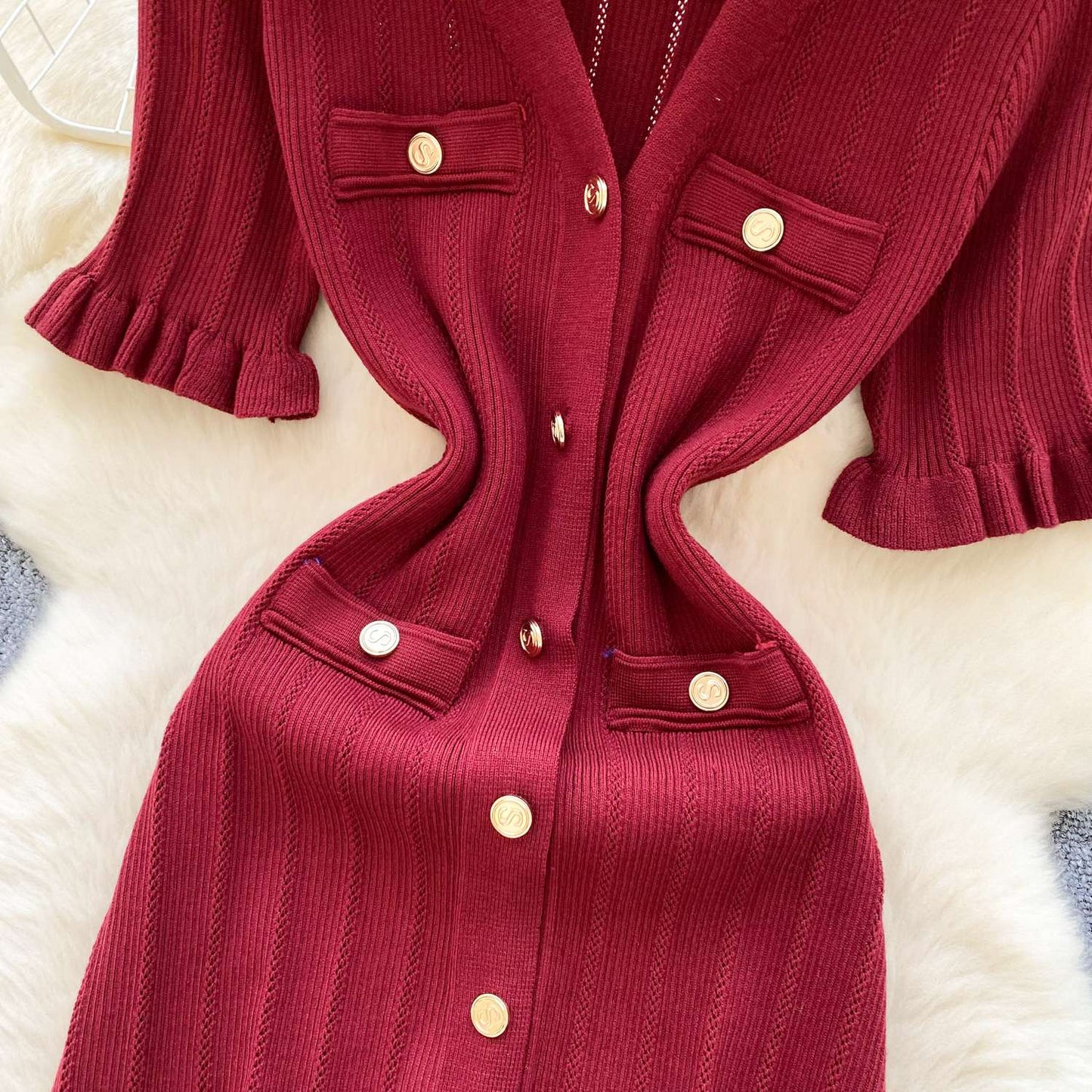 SINGREINY Summer OL Knit Dress 2025 Women V Neck Button Design Slim Mermaid Sund
