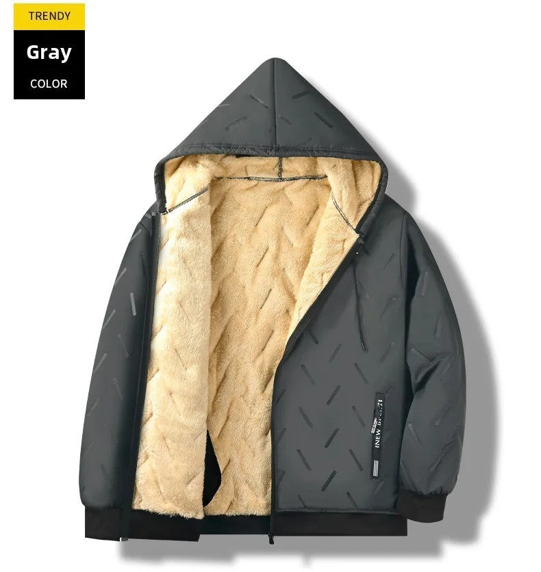 Men's Winter Lamb Velvet Jacket Fleece Lined Cotton Suit Hooded Loose plus Size Warm Cotton Coat Thermal Cotton Clothing