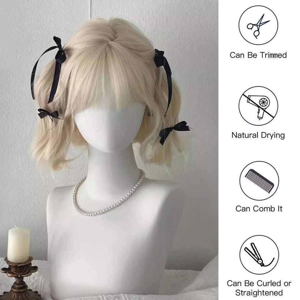 Peruca Sintética Lolita Curta Cacheada 12 Polegadas Doce E Adorável Dourado-Branco Natural Fofa Cabelo Ondulado Cosplay Peruca De Cabeça Cheia Para