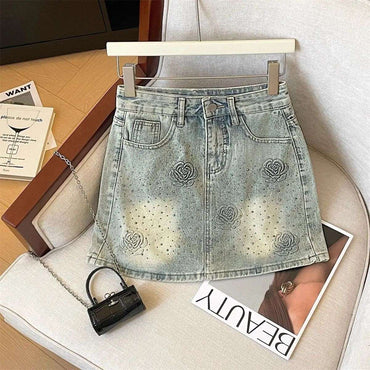 Bright Line Decoration Embroidered Diamonds Denim Short Skirt Female 2025 Spring Summer New Trend Sexy Buttons A-line Skirt