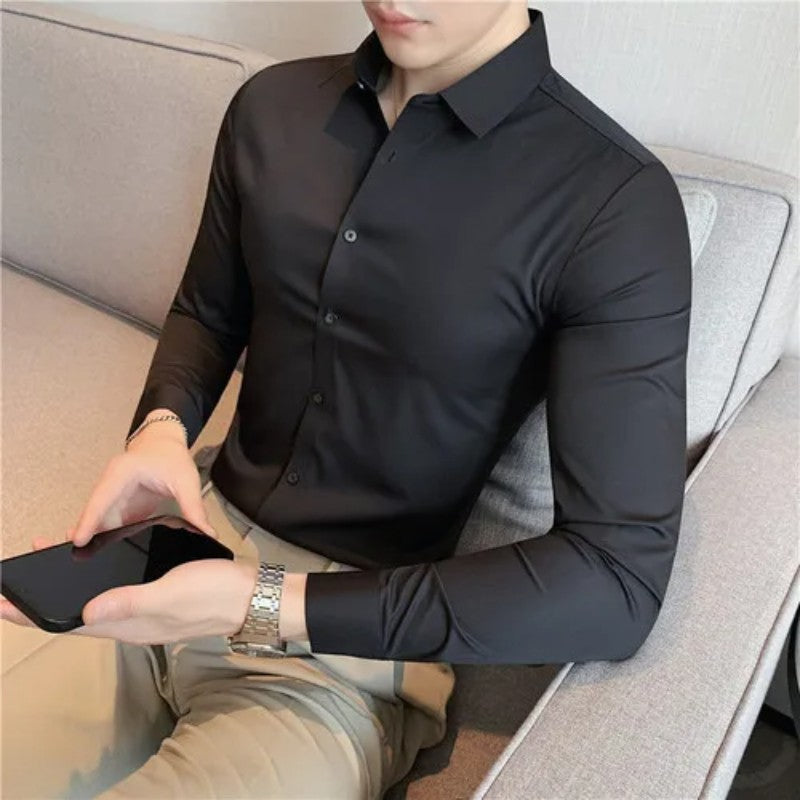 Men's Long Sleeved Elastic Shirt No Ironing Business Wear Professional Workwear Stand Up Collar Shirt Casual Solid Color Shirt