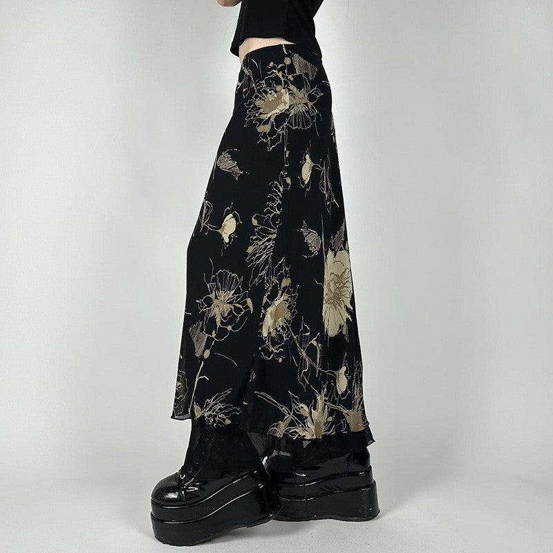 Goth Dark Y2K Aestheics Double Layer Mesh A-line Skirt Women Fashion Florals Pri