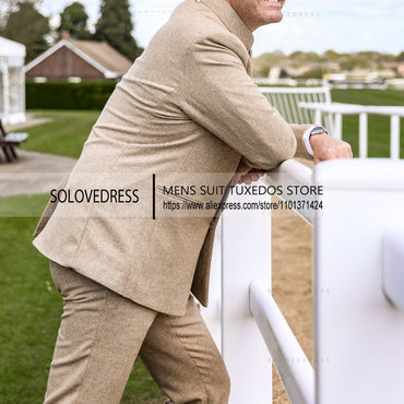 2 Pieces Men's Suits Herringbone Tweed Stand Collar Single Breasted Groomsmen Wedding Suits Men suits ?Blazer+Pants?