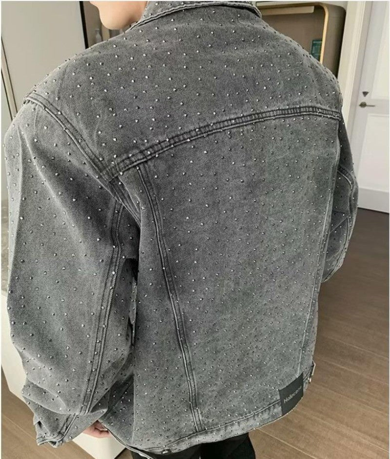 American Trendy Denim Jacket Mens Make Old Flash Diamond Fashion Outwear Spring Single-breasted Street Couple Cowboy Coats