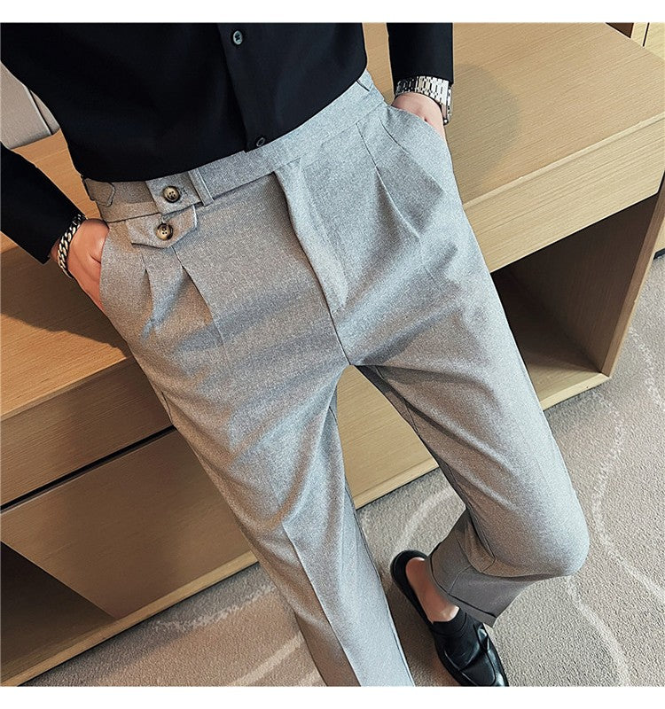 British Style Spring New Solid Business Casual Suit Pants High Waist Button Men Formal Pants High Quality Slim Office Trousers