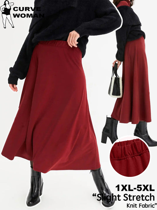 Women's Burgundy Midi Skirt, Semi-Stretch Knit A-Line with Flowy Hem. Comfortable Elastic Waist for Office & Casual Outing